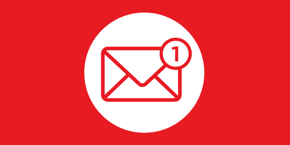 Red background featuring a white circle in the middle with a red email icon. 