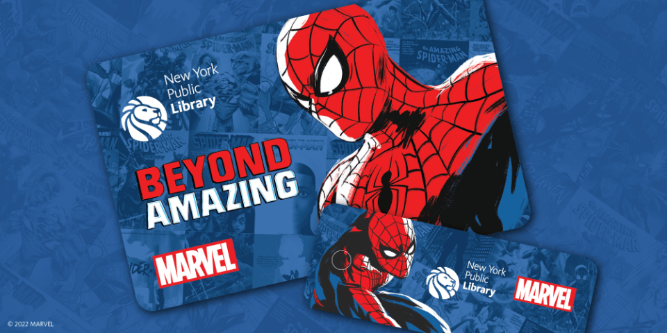 Graphic of a Spider-Man-branded NYPL library card on a blue background. 
